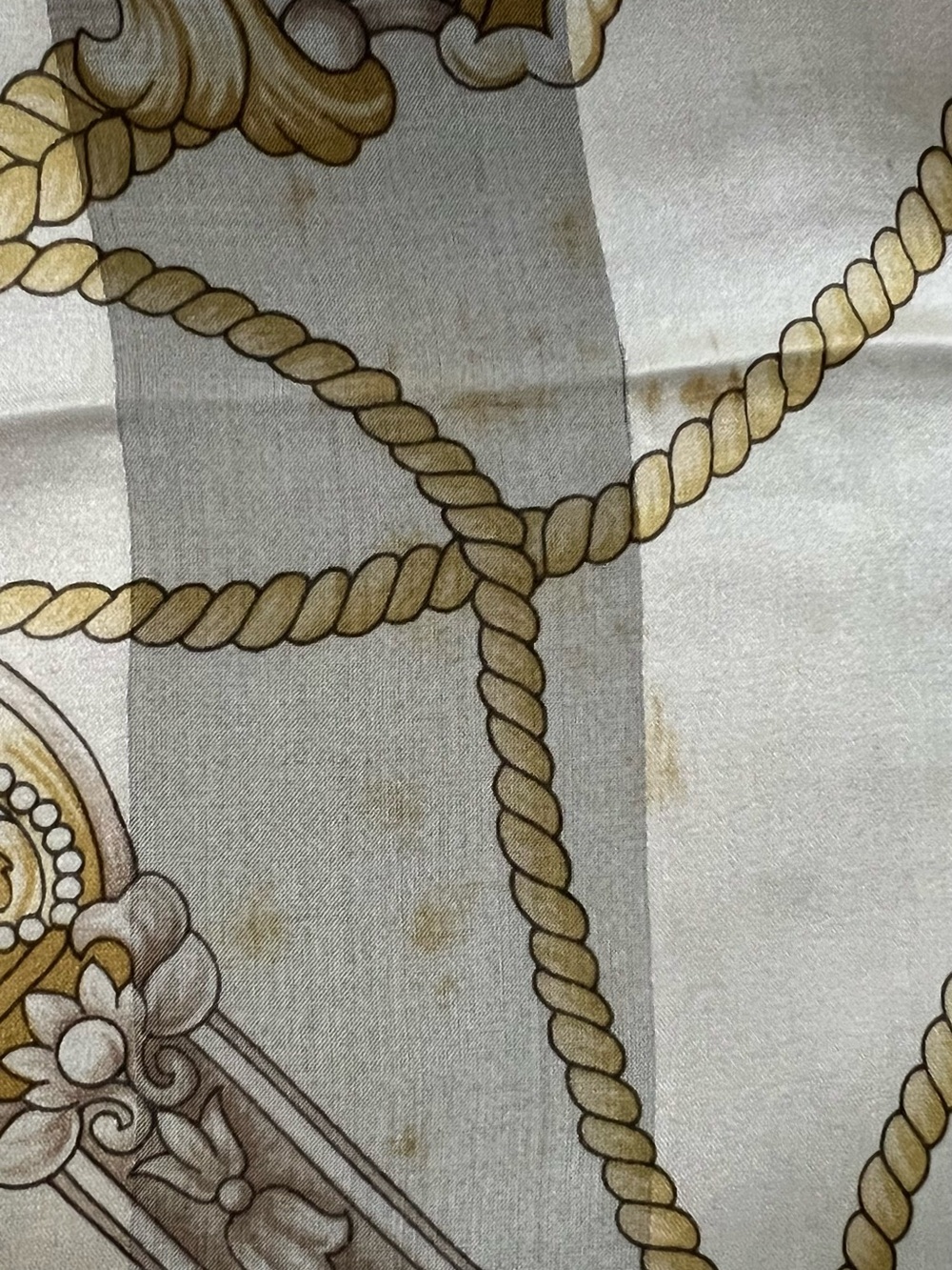 BALENCIAGA Paris Silk Square Scarf 34” Beige Gold Rope Tassel Crest Vintage - Picture 12 of 12